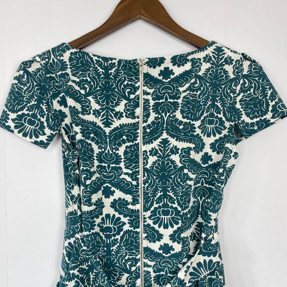 Inomi | Teal & White Damask Floral Pattern Pleated Pocket Tie Back Dress - Picture 4 of 8